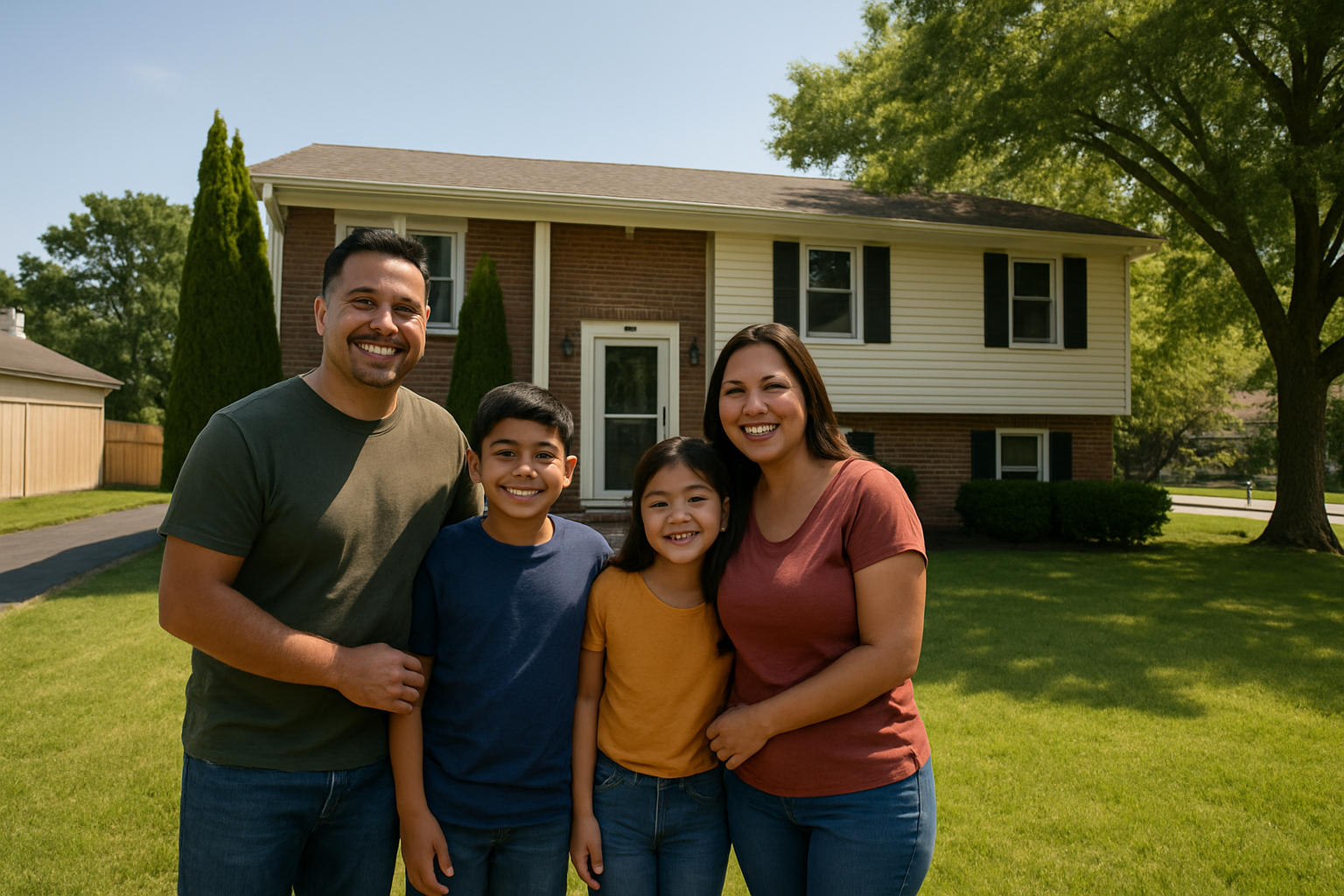 The Lopez family celebrating in front of their home - parents and children showing joy after successfully securing $62,000 in equity and avoiding foreclosure auction